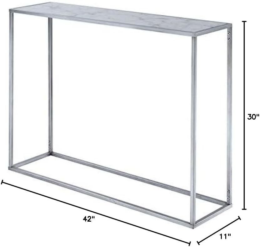 Pemberly Row Modern Faux Marble Console Table, Silver Metal Finish, 30" H x 42" W x 11" D, Powder Coated Metal Frame, MDF Faux Marble Veneer, Gold Coast Collection, Stylish Entryway or Living Room