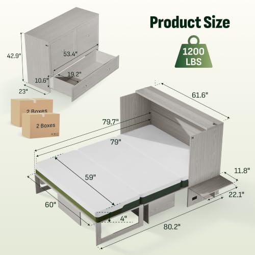 Image of Softa Queen Murphy Bed Cabinet with Mattress Included, 6 inch Tri-Fold Mattress, Storage Drawer & Charging Station, 1200 Lb Heavy Duty Wood Wall Bed with Fold-Down Desk for Guest Room & Home Office