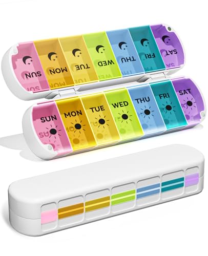 Foldable Weekly Pill Organizer 2 Times a Day - Magnetic Moisture-Proof 7 Day Pill Box AM PM Portable Travel Medicine Organizer with Removable Lids for Vitamins Supplements and Fish Oils (Multicolor)