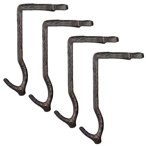 Lulu Decor,100% Cast Iron 10" Stocking Holder for Mantle Holds Up to 9 lbs Low Profile Design with Rubber Grip Ideal for Christmas Stockings Garland Holder Simple Natural Branch Shape (Set of 4)