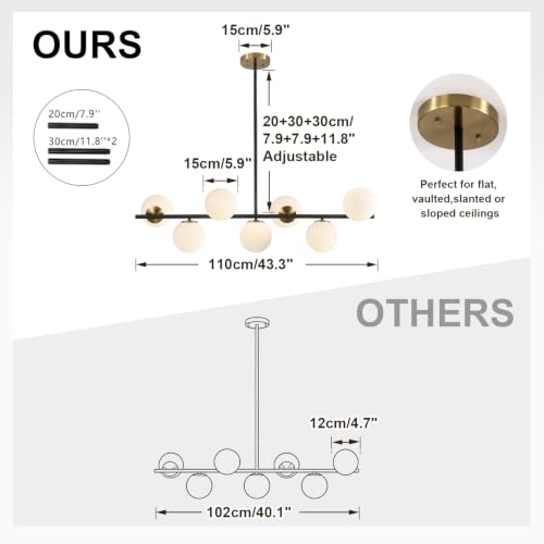 Image of KCO 43.3 inch Black Gold Linear Glass Globe Sputnik Chandelier for Dining Room | 7-light milk glass globe, mid century modern Linear Pendant, sloped ceiling compatible, for Kitchen island,living room, study
