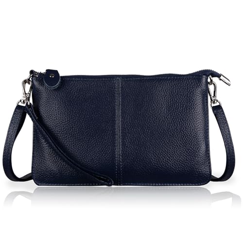befen Carteira de mão de couro genuíno bolsas pequenas transversais para mulheres com compartimentos para cartão com bloqueio de RFID, Azul, azul marinho