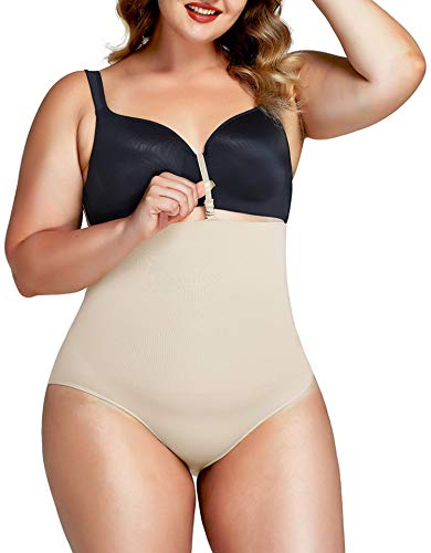 FeelinGirl Women's High-Waist Seamless Body Shaper Briefs Firm Control Tummy Thong Shapewear Panties Girdle Underwear Beige,M/L