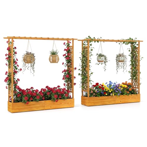 S AFSTAR 2 Pieces Raised Garden Beds with Arch Trellis, Hanging Roof & Drainage Holes, 77-Inch Vertical Plant Container for Vine Climbing Plant Flower, Outdoor Wood Elevated Planter Box for Garden