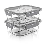 Arendo - Lunchboxen Glas - 3 Fächer - Frischhaltedosen für Lebensmittel mit Deckel luftdicht - 2er Set - 1000 ml - für Mikrowelle Ofen Gefrierschrank - Spülmaschinen geeignet - Vorratsdosen Meal Prep