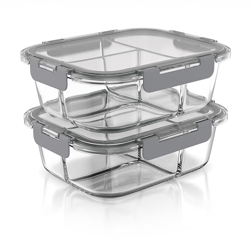 Arendo - Lunchboxen Glas - 3 Fächer - Frischhaltedosen für Lebensmittel mit Deckel luftdicht - 2er Set - 1000 ml - für Mikrowelle Ofen Gefrierschrank - Spülmaschinen geeignet - Vorratsdosen Meal Prep