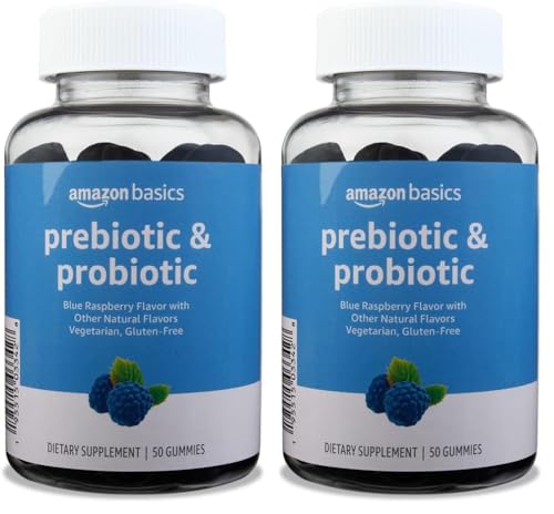 Image of Amazon Brand - Solimo Prebiotic & Probiotic Gummies, Two Billion CFU, Blue Raspberry, 50 Count (2 per Serving) (Pack of 2)