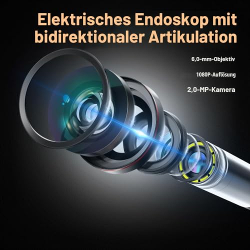 Hiacinto 360° Elektrisch Drehbar Endoskopkamera, 6mm Ultradünn Endoskopkamera Beweglicher Kopf...