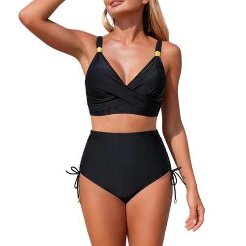 Bikini para mujer, push up, cintura alta, traje de baño de dos piezas, escote en V, parte superior con triángulo, bikini de baño, traje de baño para la playa, Negro , S