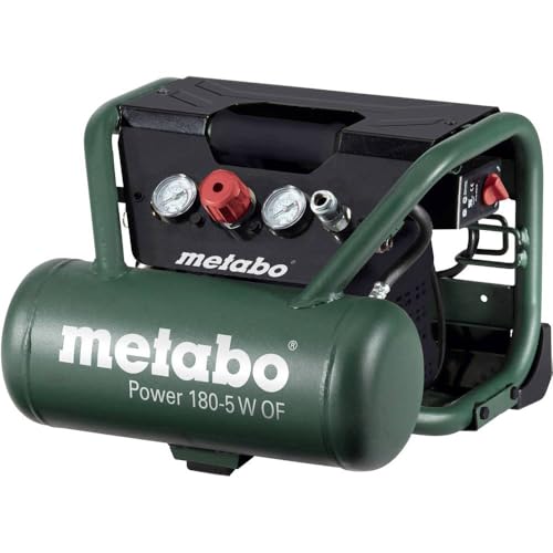 metabo Kompressor Power 180-5 W OF - 8 bar, 1.1 kW, 5L Tank, 90l/min Füllleistung, 75 l/min Liefermenge - Ölfrei, mobil, ideal für Tackern & Nägel, Baukompressor - Inkl. Universal-Schnellkupplung