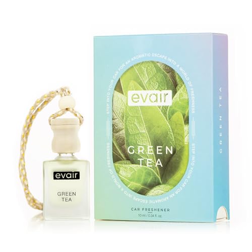 Image of Evair Green Tea Car Air Freshener | Hanging Car Perfume | Premium Car Fresheners | Car Aroma with Essential Oils| Hanging Perfume for Car in Glass Bottle with Wooden Diffuser Lid (10ml, Pack of 1)