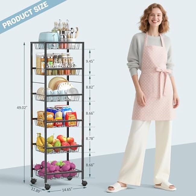 Fruit Vegetable Basket for Kitchen, 6 Tier Fruit and Vegetable Storage Cart, Metal Wire Storage Baskets with Wheels, Small Rolling Cart Organizer Rack for Pantry, Living Room, Bathroom-c1NPEhOk