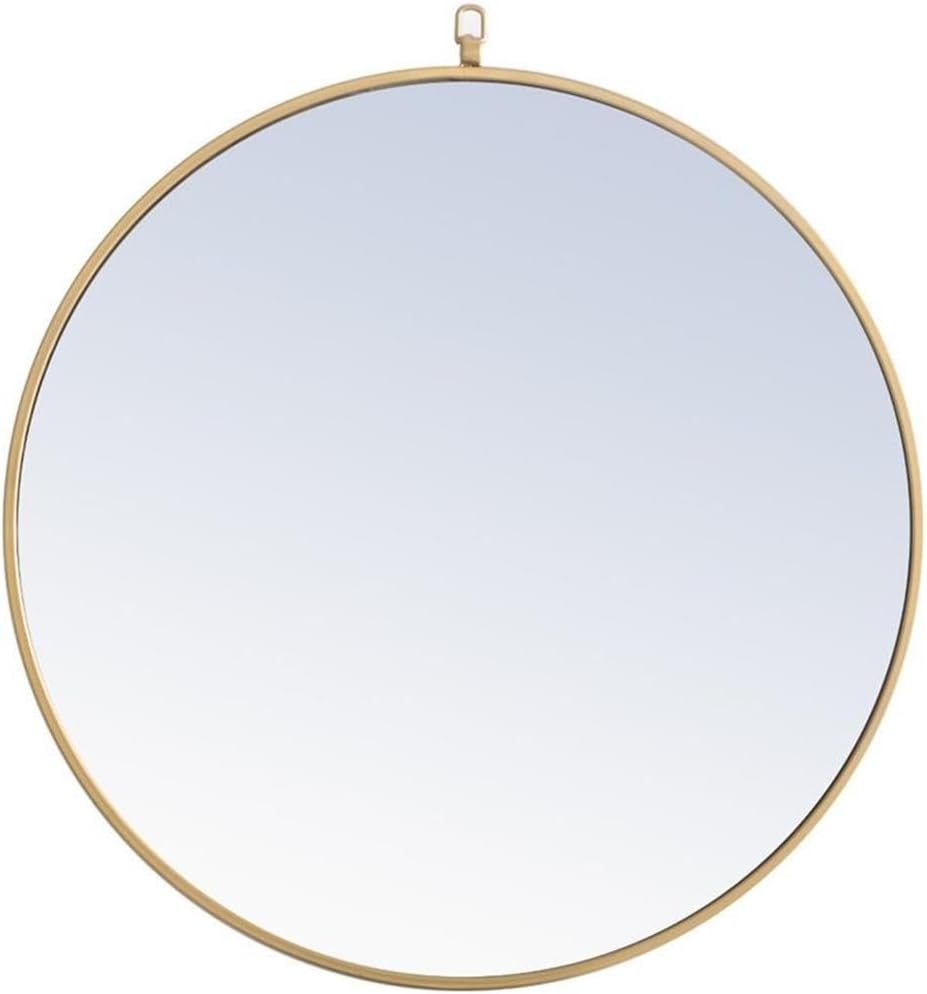 Pemberly Row 28" Round Metal Frame Mirror with Decorative Hook, Brass Finish, Contemporary Design for Living Room, Bedroom, Entryway, Bathroom, Clear Beveled Glass, Easy Vertical/Horizontal
