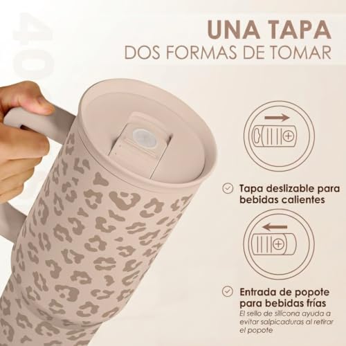 Image of SANDJEST Leopard Tumbler with Handle, Insulated Cup Stainless Steel Travel Mug Cup, Gifts for Women Girl on Birthday Christmas, Tan Leopard, 40oz