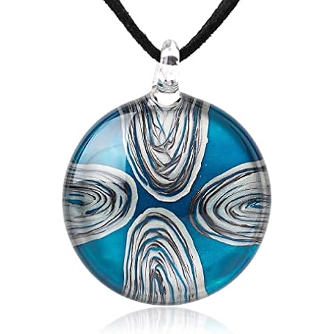 CHUVORA Hand Blown Glass Abstract Ripple Water Art Blue Round Pendant Necklace, 18 inches Cover