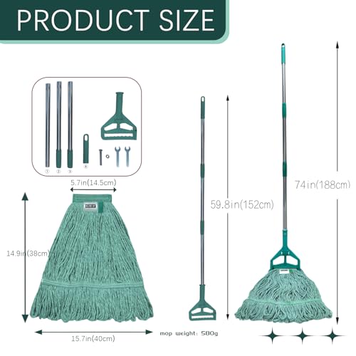Image of Commercial Cotton Mop Heavy-Duty Industrial with 2 Replacement Heads 152 cm Handle Replacement mop Head (Green)