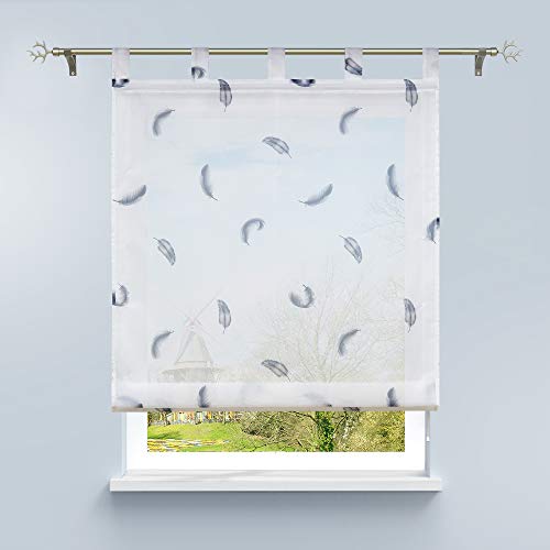 HongYa Raffrollo Voile Schlaufenrollo Transparente Raffgardine mit Schlaufen Küche Vorhang Kleinfenster H/B 140/60 cm Feder Muster