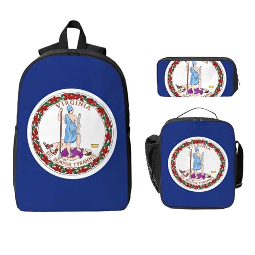 Flag of Virginia print Shoulder Bookbags Lunch Bag and Pen Case 17 inches Backpack with Lunch Box, Cute Bookbag Set2