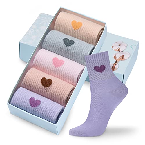 Corlap Women's Cute Cotton Crew Athletic Running Socks - Ankle High, Novelty Fun Heart Design 5-Pairs (Gift Box)