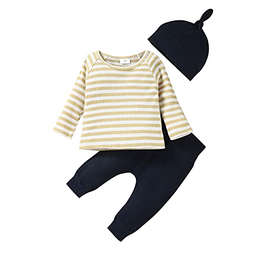 Alunsito Kinder Baby Jungen Mädchen Kleidung Set Langarm Strick T-Shirt Festes Top + Streifenhose mit Hut 3 Stück Herbst Outfit Gelb 12-18 Monate Cover