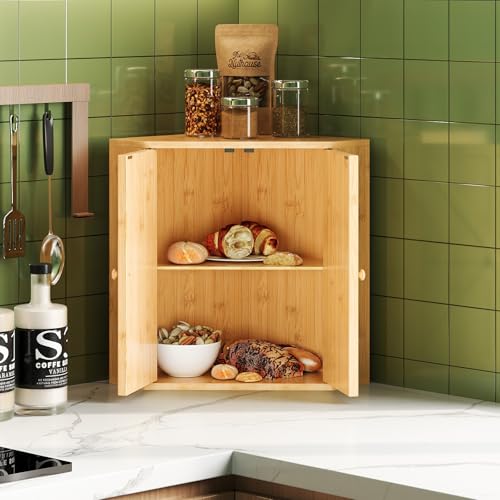 Trironsun Corner Bread Box for Kitchen Counter Double Layer Bamboo Bread Storage Container Large Capacity Bread Storage Bin Farmhouse Breadbox Organizer (Bamboo Natural) - Image 2