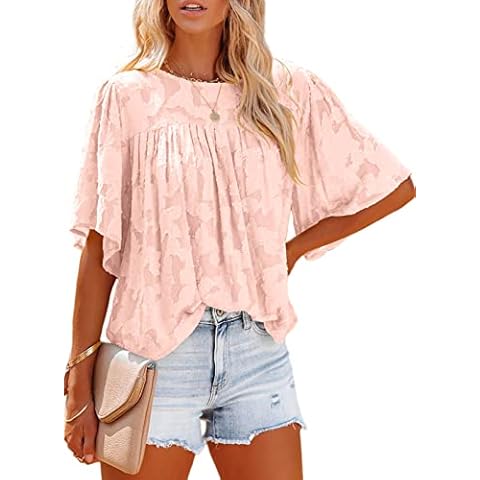 Diukia Women's Summer Fashion Bell Sleeve Lace Floral Textured Babydoll Blouse Tops Casual Crewneck Half Sleeve Pleated Solid Color Chiffon Shirts for Teen Girls Juniors Ladies Pink Small Cover