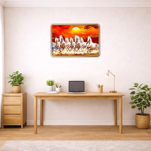 Image of XOPY Seven Running Horses with Golden Frame | Vastu 7 horses Raw Pyrite Painting for Home, Office & Living Room Wall Decore | 12X18 Inch Sparkle Laminated Frame | Best For Gifting (9835, 12X18)