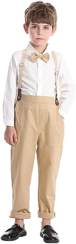 Miniatura 4 de Conjunto de ropa de caballero de manga larga con corbatín y pantalones con tirantes para bebés y niños pequeños