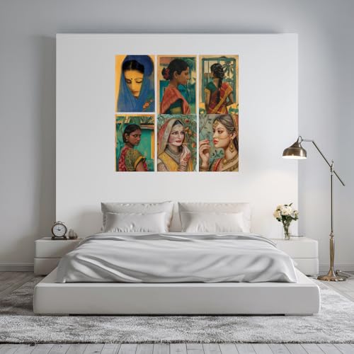 Image of SiddArtify Set of 6 Indian Women Art Prints - Portrait Paintings - Warm Color Palette - Sticker - 8x12 Inch - Pack of 6 Wall Room Decoration art Poster Prints