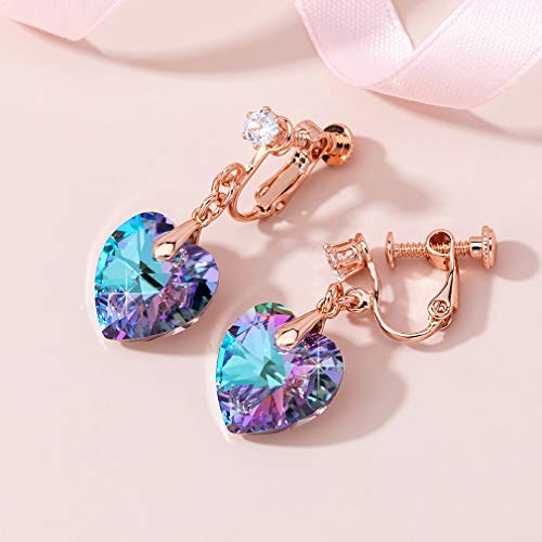 Austrian Crystal Heart Drop Clip On Dangle Earrings for Women Non Pierced 14K Rose Gold Plated Hypoallergenic Jewelry4