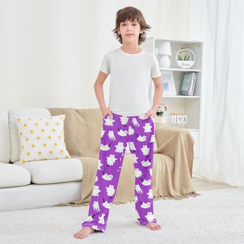 Boys' Pants Halloween White Ghost Cat Long Bottoms Jogger Pants Elastic Waist Trousers with Pockets S-XL3
