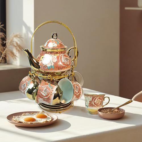Image of DEEDECORWAVE Premium Ceramic Tea Set of 13 PCS Teapot (800ML) with 6 Cups (180ML Each), 6 Saucers & Holder Stand Elegant Gift for Tea Lovers Ideal for Home, Office & Parties (Light Pink)