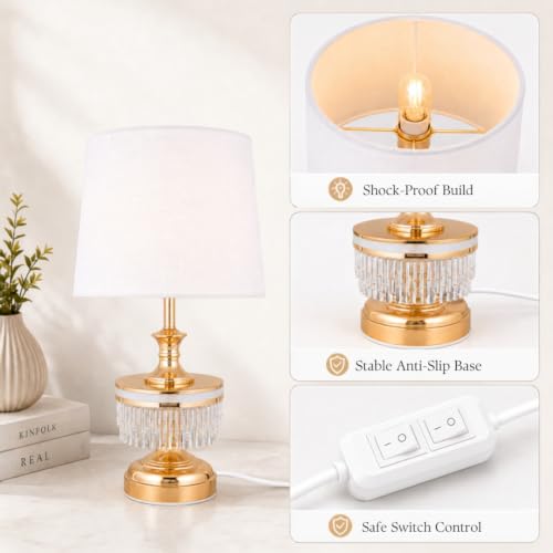 Image of ELARE Gold Table Lamp with Crystal Fringe & White Fabric Shade, 49cm | LED Bulb Included, Illuminated Glass Ring, Metal & Glass Base, Bedside & Office Use, Anti-Slip Base