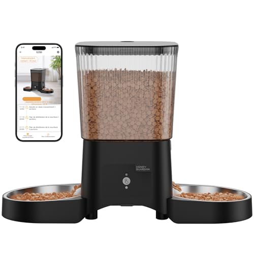 HONEYGUARDIAN Distributeur Croguettes Chat Automatique Double, 5G/2.4G WiFi Gamelle Chat Automatique 2 Bols, Distributeur Croquettes Chats/Chien avec Contrôle Via App, 1-6 Repas par, Nettoyage Facile