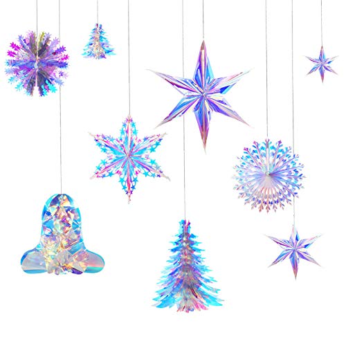 9 Pieces Iridescent Party Hanging Ornament Christmas Tree Hexagonal Star Snowflake Snow Ball Decorative Paper Fan for Birthday Wedding Bridal Shower Christmas Party Decorations