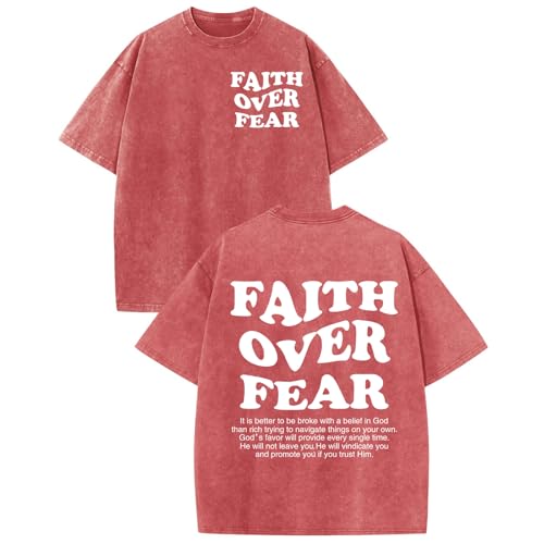 Image of Christian Shirts for Men Faith Over Fear Oversized Shirt Acid Wash Tshirt Graphic Religious T Shirt Bible Verse Tees