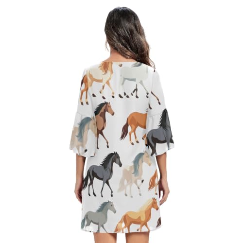 Robe mousseline de soie imprimé cheval col V décontractée été - 4