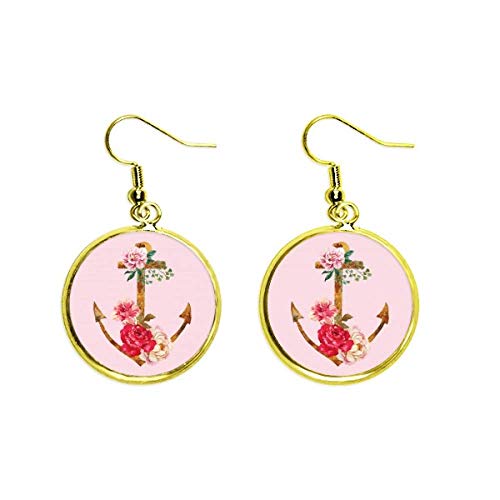 Pendientes de ancla joyería mujer con flores rosas colgantes