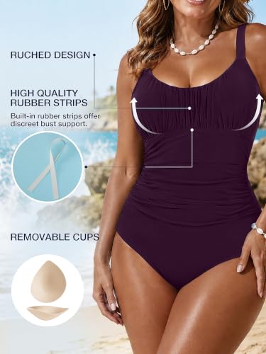 Image of One Piece Swimsuit for Women Tummy Control Bathing Suits Ruched Swimwear