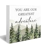 DUXMNAMG You Are Our Greatest Adventure Wooden Box Sign, Baby Boy Nursery Decor, Forest Mountain Adventure Desk Shelf Decor, Inspirational Block Sign Decor for Boy Toddlers Bedroom Table Desk Shelf