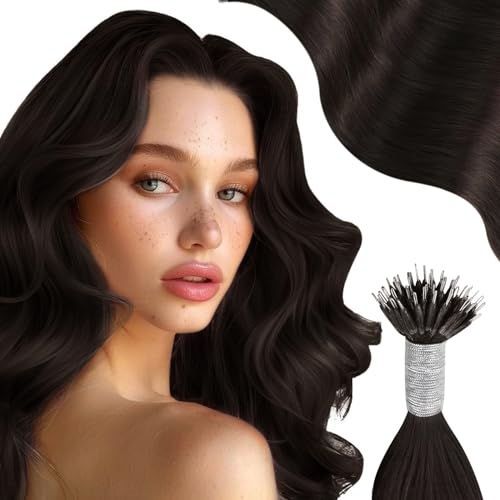 Moresoo Nano Beads Hair Extension Darkest Brown Nano Hair Extensions Real Human Hair 14 Inch Nano Ring Hair Extensions 1g/s 50g/Pack #2