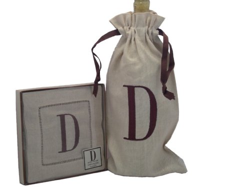 Mud Pie Initials Cosmopolitan Home Linen Bottle Bag and Set of 4 Linen Coasters, Letter D
