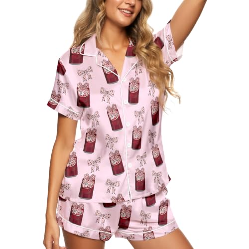 Image of Women 2PCs Satin Pajama Set Short Sleeve Silk Feel Gift Sleepwear