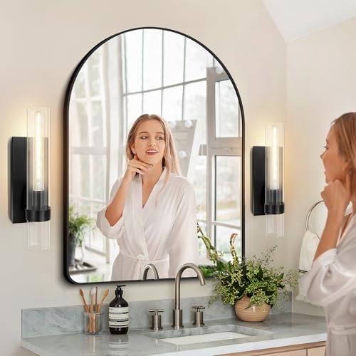 Image of Wall Sconces Set of Two, 18 inch Black Bathroom Sconces with Clear Glass, Hardwired Modern Sconces Wall Decor Set of 2 Wall Light Fixtures for Bathroom Bedroom Living Room Mirror Hallway
