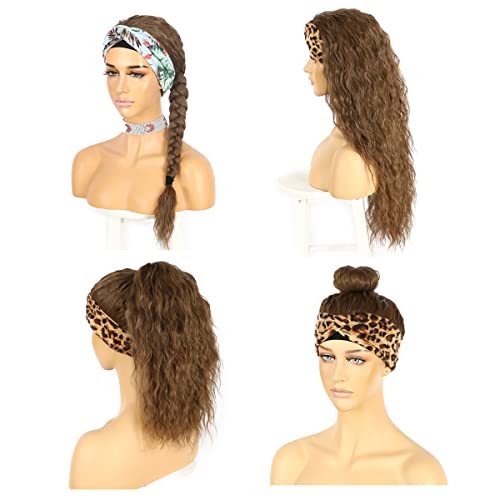 Sapphirewigs Curly Headband Wig Golden Brown Synthetic Hair Loose Water Wave Headband Wigs for Women Glueless 150% Density 26 inch - Image 3
