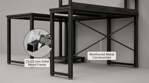 Image of Reversible L Shaped Computer Desk with Storage Shelves | Wooden Corner Study Table with Black Metal Frame | Home Office Workstation Desk | Table for Computer Setup| Black |130x50x150 cm
