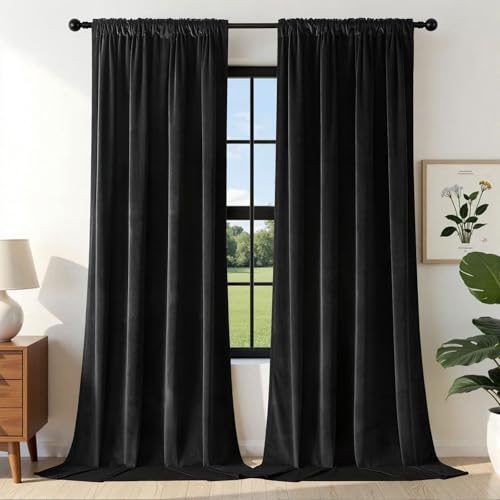 Joydeco Rideau Velours Thermiques Isolant, Lot De 2 L 132 X H 160 Noir Rideaux Occultant Anti Froid et Chaleur, Double Rideau Phonique Anti Bruit Salon...