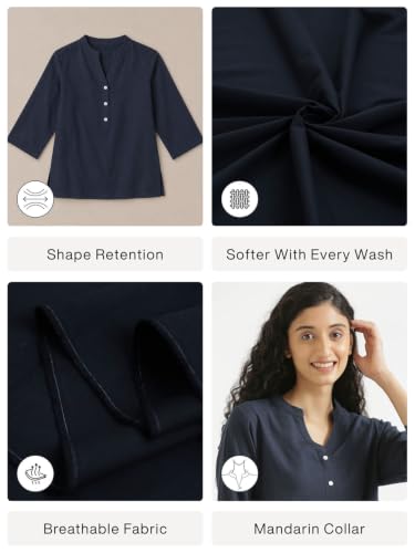 Image of SAADAA Women Short Kurti Airy Linen Regular Fit Kurta with 3 /4th Sleeves, Mandarin Collar, Side Slit Perfect for Casual, Formal, and Ethnic Wear
