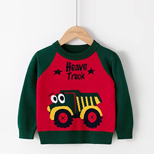Boys Knitted Cardigan for Kids Toddler Boys Girls Patchwork Colour Cartoon Car Print Sweater Long (Red, 6-7 Years)2