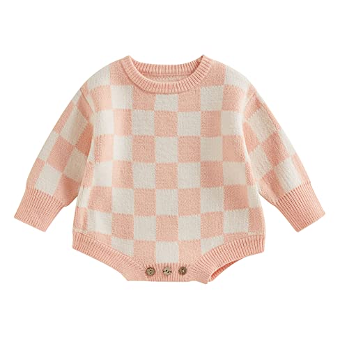 Image of Unisex Baby Girl Boy Checkerboard Clothes Plaid Knitted Bubble Romper One Piece Sweater Bodysuit Jumpsuit Clothes